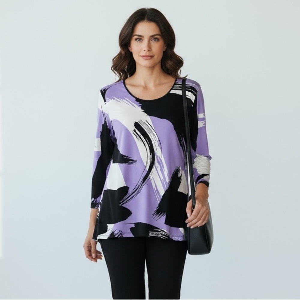 SUN KIM - SIZE MEDIUM - THE LAYLA TUNIC TOP - ABSTRACT PAINT BRUSH STROKES 🇺🇸B14